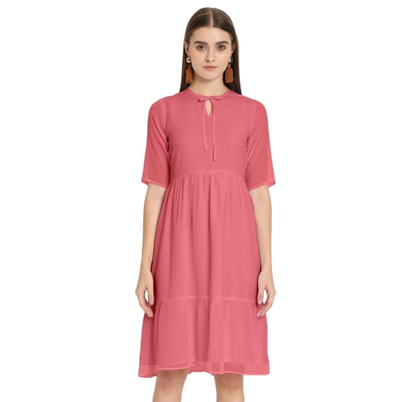 Moomaya Solid Tiered Dress For Women, Short Sleeve Chiffon Swing Dress