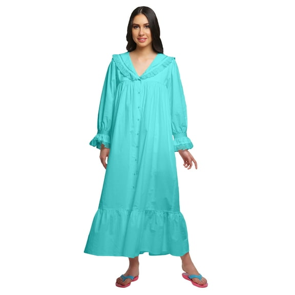 Moomaya Solid V-Neck Sleepwear Cotton Ruffled Border WoMen's Maxi Nightdress
