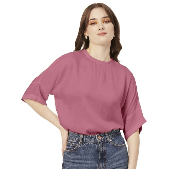 Moomaya Solid Viscose Top For Women, Pastel Colors, Elbow Sleeve Summer Top