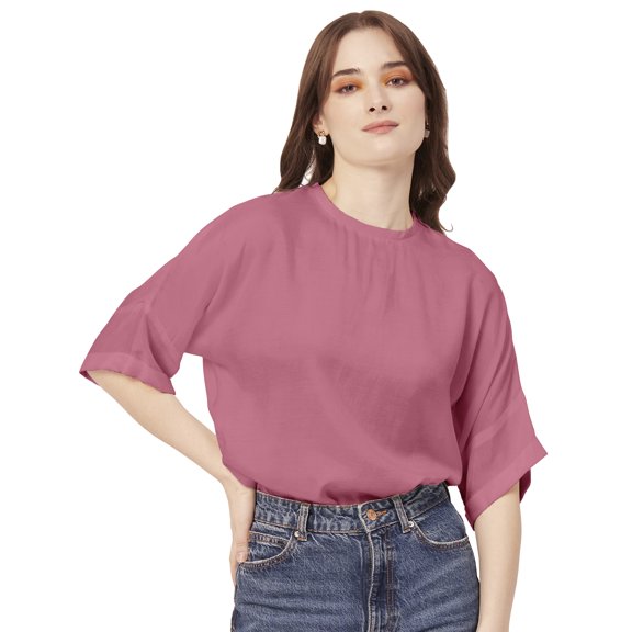 Moomaya Solid Viscose Top For Women, Pastel Colors, Elbow Sleeve Summer Top
