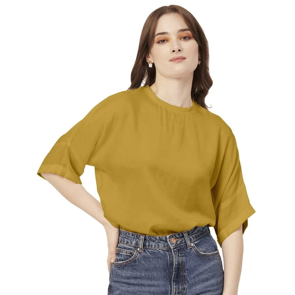 Moomaya Solid Viscose Top For Women, Pastel Colors, Elbow Sleeve Summer Top