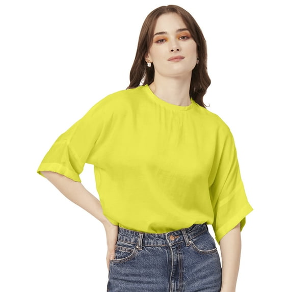 Moomaya Solid Viscose Top For Women, Pastel Colors, Elbow Sleeve Summer Top