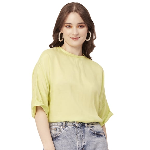 Moomaya Solid Viscose Top For Women, Pastel Colors, Elbow Sleeve Summer Top