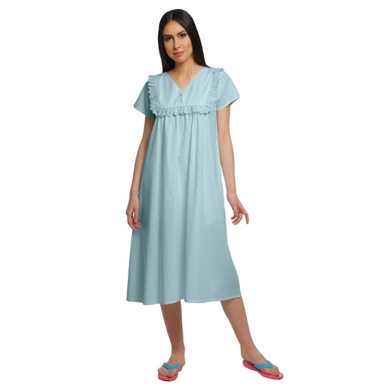 Moomaya Solid WoMen's Lace Neckline Nightdress Short Sleeve Nightwear Gown
