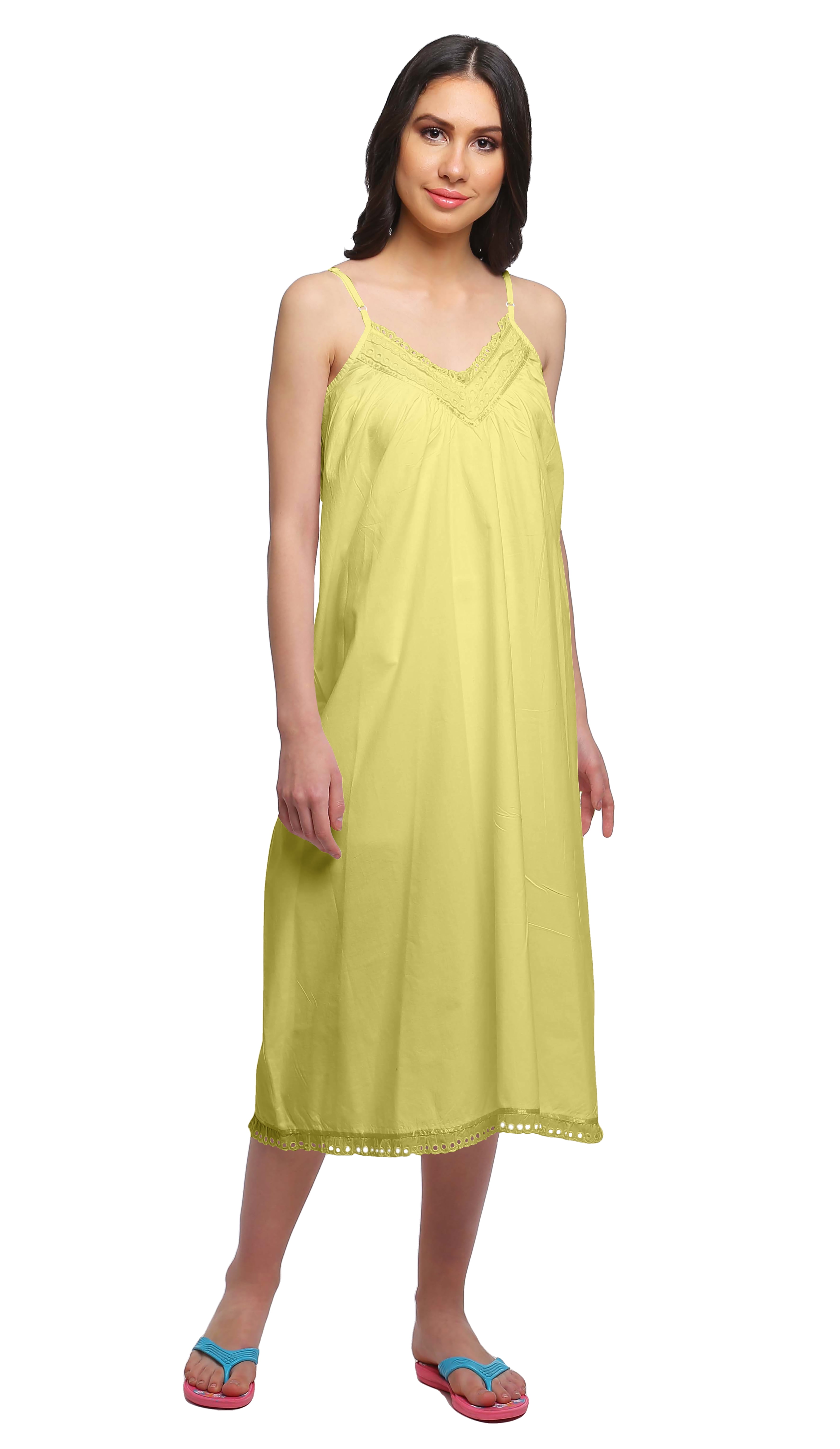 Moomaya Solid WoMen s Spaghetti Strap Knee Length Nightdress Cotton Nightwear
