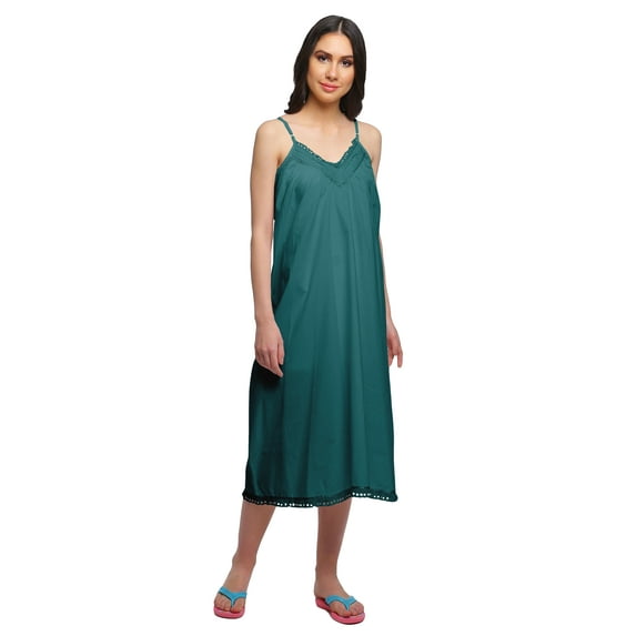 Moomaya Solid WoMen's Spaghetti Strap Knee Length Nightdress Cotton Nightwear