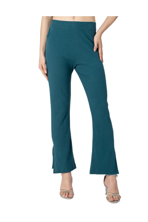 Solid Women Knit Ribbed Pants, Mid Rise Casual, Bootcut Trousers