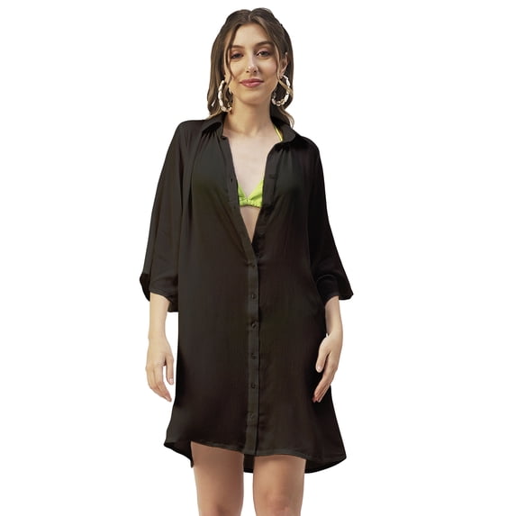 Moomaya Solid Women Long Cover Up Shirt, Button Down Long Collared Casual Sheer Shirt