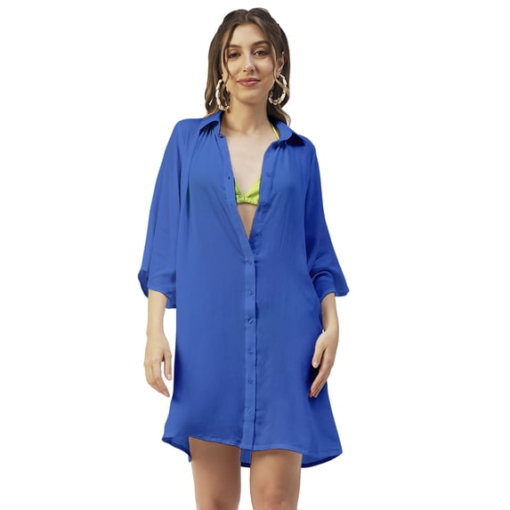 Moomaya Solid Women Long Cover Up Shirt, Button Down Long Collared Casual Sheer Shirt