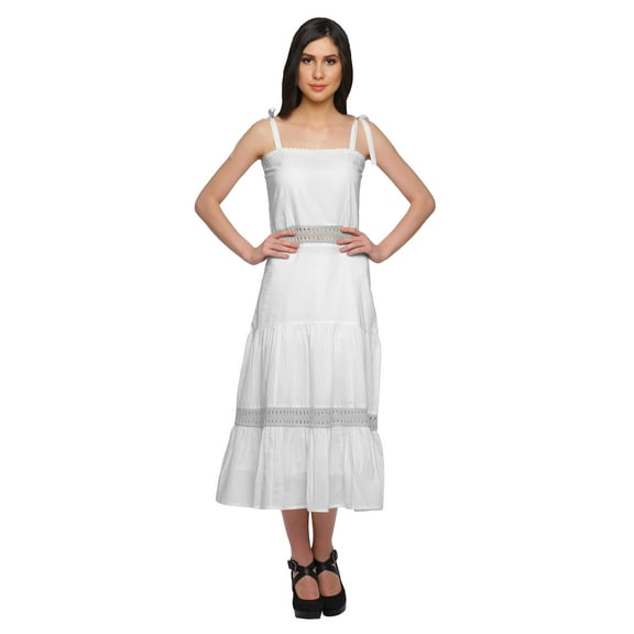 Moomaya Solid Women Sleeveless Long Adjustable Shoulder Strap Dress With Lace