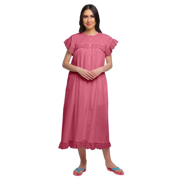 Moomaya Solid Women's Button Placket Mid Calf Length Nightdress Cotton Nightwear