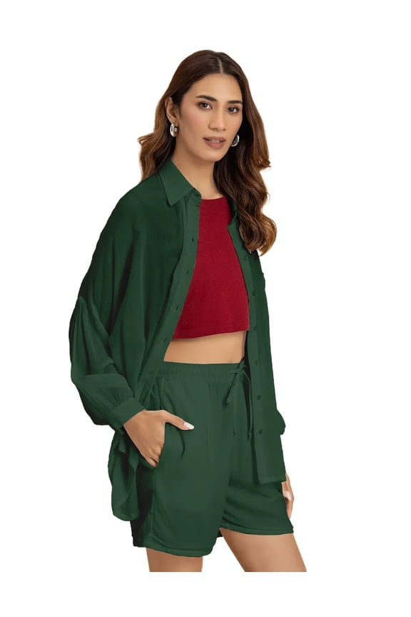 , Solid Womens 2 Pcs Co-Ord Set, Crinkle Rayon Long Shirt With Shorts
