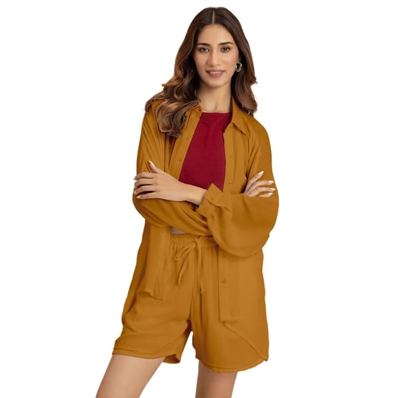 Moomaya, Solid Womens 2 Pcs Co-Ord Set, Crinkle Rayon Long Shirt With Shorts