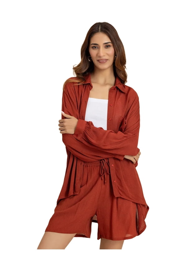 , Solid Womens 2 Pcs Co-Ord Set, Crinkle Rayon Long Shirt With Shorts