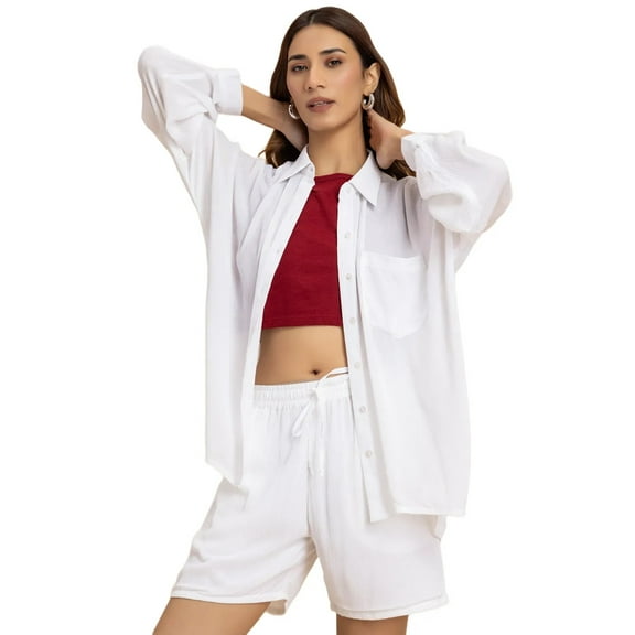 Moomaya, Solid Womens 2 Pcs Co-Ord Set, Crinkle Rayon Long Shirt With Shorts