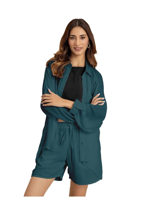 , Solid Womens 2 Pcs Co-Ord Set, Crinkle Rayon Long Shirt With Shorts