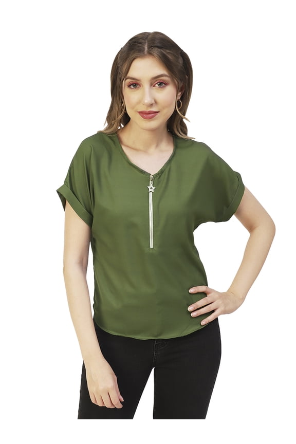 Solid Womens Front Zip-Up Designer Top, Round Neck Casual Smart Top