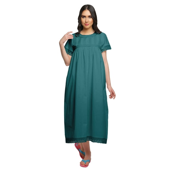 Moomaya Solid Womens Nightdress Knee Length Cotton Sleeve Sleepwear