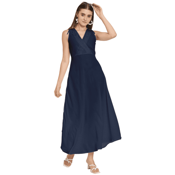 Moomaya Solid Wrap Style Maxi Dress, Sleeveless V-Neck A-Line Party Dress