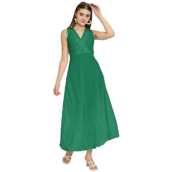 Moomaya Solid Wrap Style Maxi Dress, Sleeveless V-Neck A-Line Party Dress