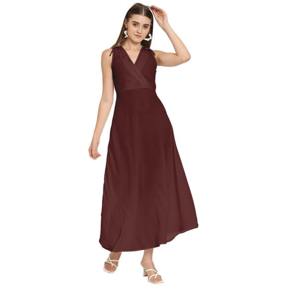 Moomaya Solid Wrap Style Maxi Dress, Sleeveless V-Neck A-Line Party Dress