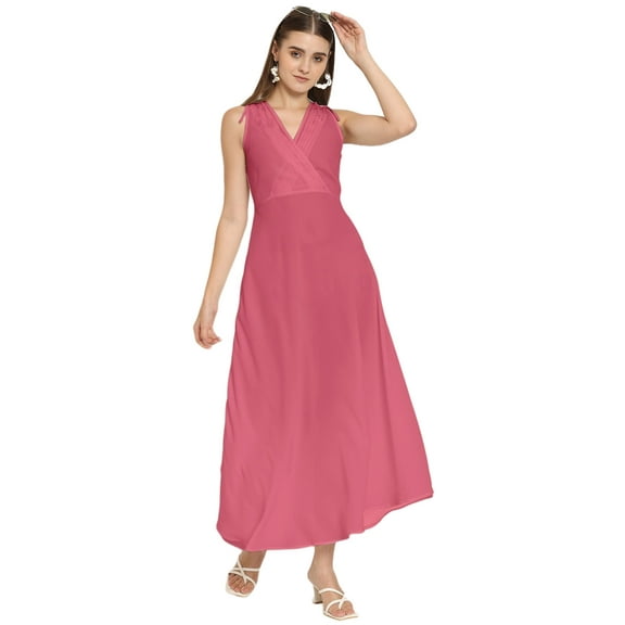 Moomaya Solid Wrap Style Maxi Dress, Sleeveless V-Neck A-Line Party Dress