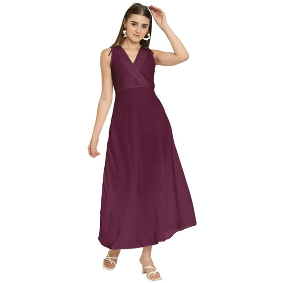 Moomaya Solid Wrap Style Maxi Dress, Sleeveless V-Neck A-Line Party Dress