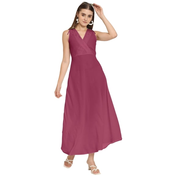 Moomaya Solid Wrap Style Maxi Dress, Sleeveless V-Neck A-Line Party Dress
