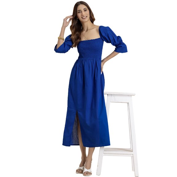 Moomaya Square Neck Chic Smocked Dress, Multi-Wear Style Midi Brunch Dress With Side Slit