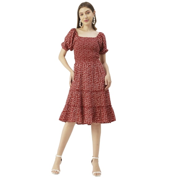 Moomaya Square Neck Tiered Dress, Knee Length Flared Smocked Summer Dress