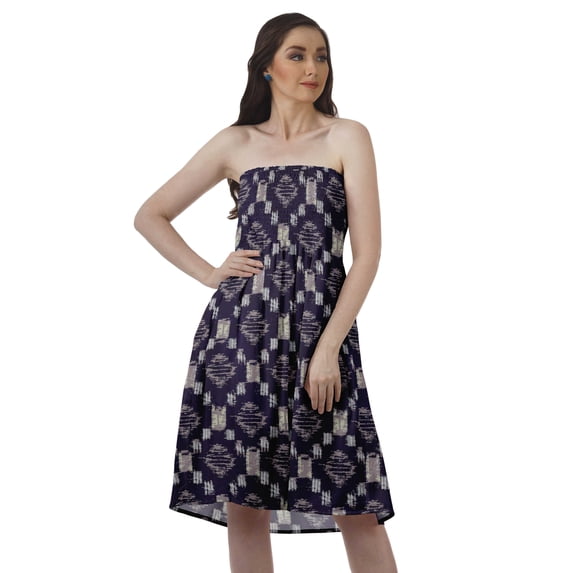 Moomaya Strapless Summer Beach Dress Printed Women Casual Smocked Tops Women