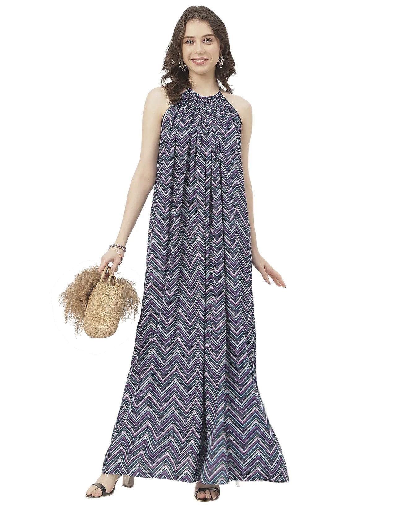 Moomaya Stylish Sleeveless Ikat Halter Neck A-Line Rayon Dress - Beachwear Moomaya Stylish Sleeveless Ikat Halter Neck A-Line Rayon Dress - Beachwear