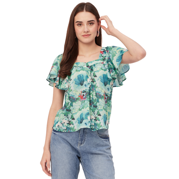 Moomaya Sweetheart Neck Tops For Women, Printed Short Flutter Sleeve Casual Top