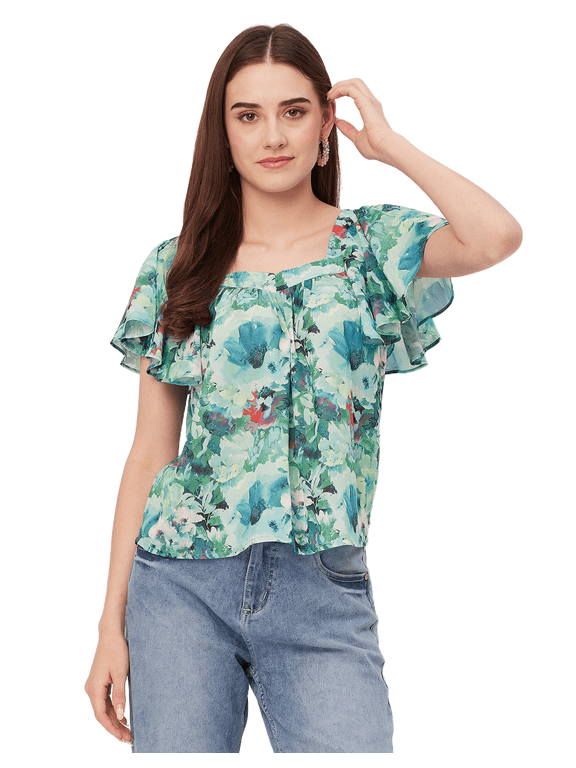 Sweetheart Neck Tops For Women, Printed Short Flutter Sleeve Casual Top