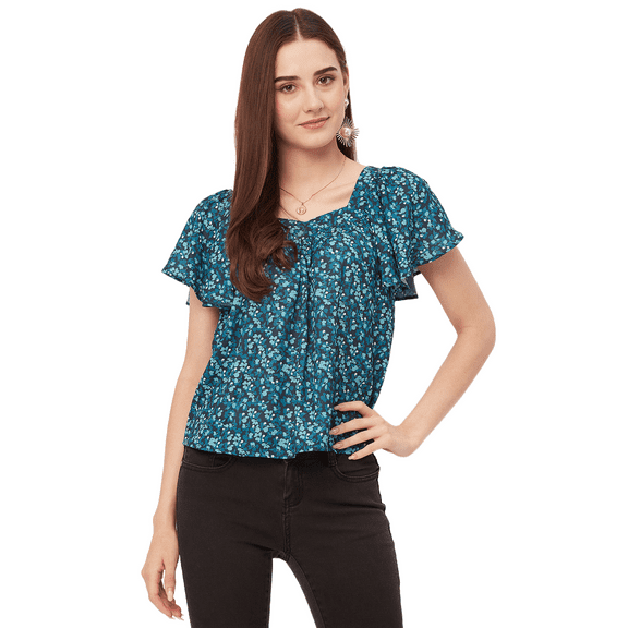 Moomaya Sweetheart Neck Tops For Women, Printed Short Flutter Sleeve Casual Top