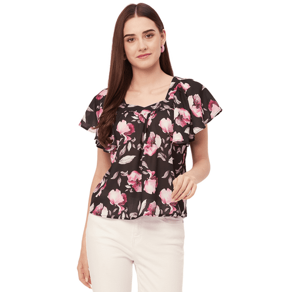 Moomaya Sweetheart Neck Tops For Women, Printed Short Flutter Sleeve Casual Top