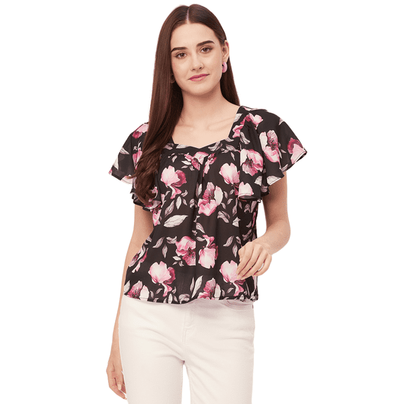 Moomaya Sweetheart Neck Tops For Women, Printed Short Flutter Sleeve Casual Top