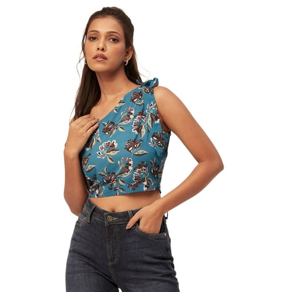 Moomaya Tie-Up One Shoulder Tops For Women, Sleeveless Printed Summer Crop Top