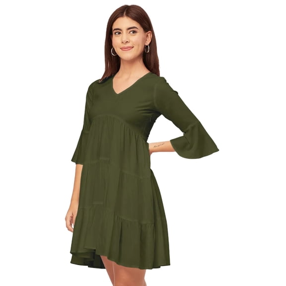 Moomaya Trendy V Neck Solid Rayon Dress - Tired Look, Casual Daywear Regular Fit