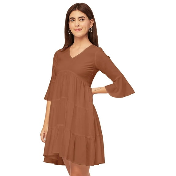 Moomaya Trendy V Neck Solid Rayon Dress - Tired Look, Casual Daywear Regular Fit