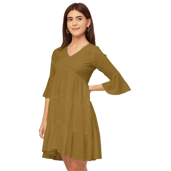 Moomaya Trendy V Neck Solid Rayon Dress - Tired Look, Casual Daywear Regular Fit