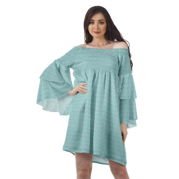 Moomaya Turquoise Blue Womens Off Shoulder Summer Beach Dress Cotton Vacation Dress With Bell Sleeves - M