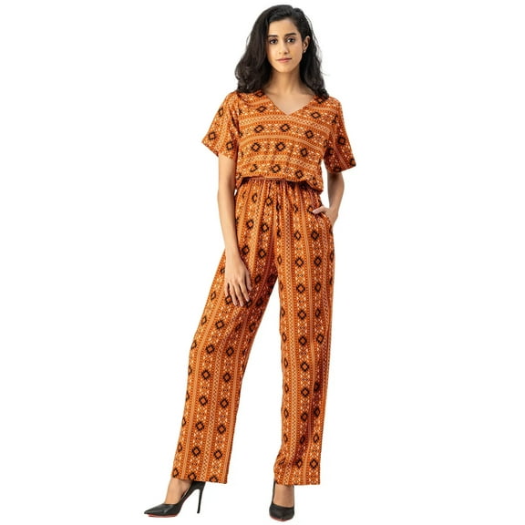 Moomaya V Neck Full Leg Printed Rayon Jumpsuit - Women's Elegant Jumpsuit