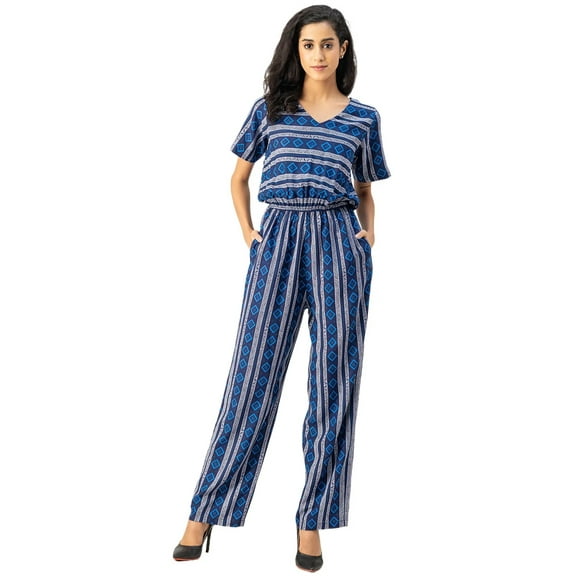Moomaya V Neck Full Leg Printed Rayon Jumpsuit - Women's Elegant Jumpsuit