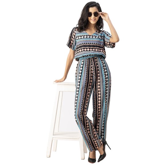 Moomaya V Neck Full Leg Printed Rayon Jumpsuit - Women's Elegant Jumpsuit