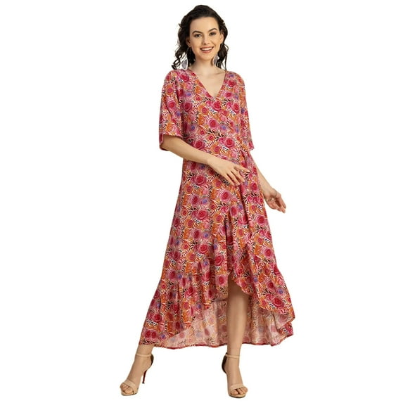 Moomaya V Neck Printed Rayon 3/4 Sleeve Wrap Dress - Women's Stylish Wrap Dress
