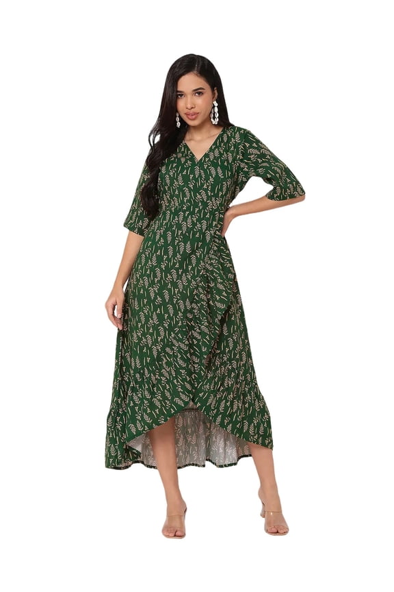 V Neck Printed Rayon 3/4 Sleeve Wrap Dress - Women's Stylish Wrap Dress