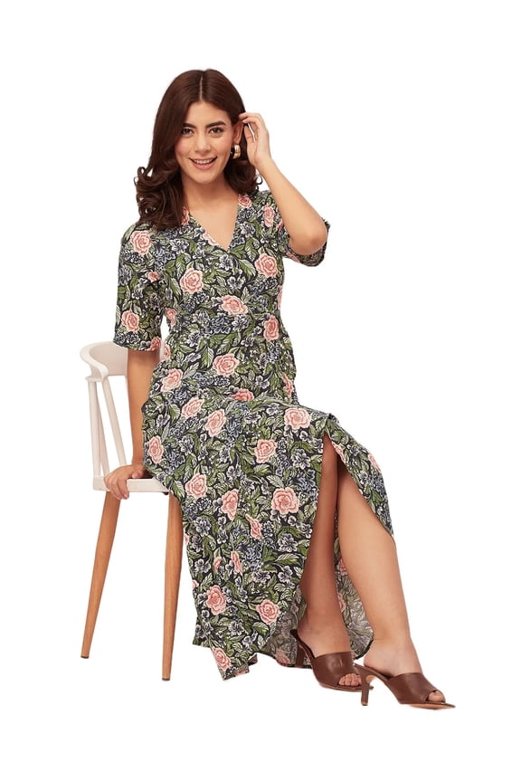 V Neck Printed Rayon 3/4 Sleeve Wrap Dress - Women's Stylish Wrap Dress