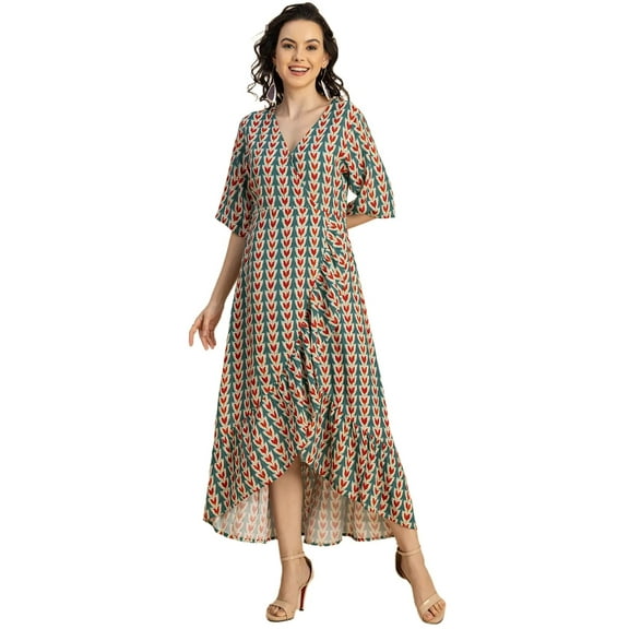 Moomaya V Neck Printed Rayon 3/4 Sleeve Wrap Dress - Women's Stylish Wrap Dress