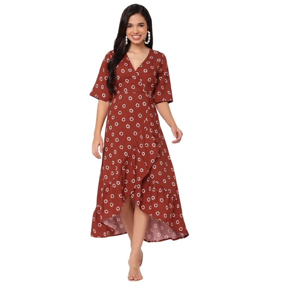 Moomaya V Neck Printed Rayon 3/4 Sleeve Wrap Dress - Women's Stylish Wrap Dress